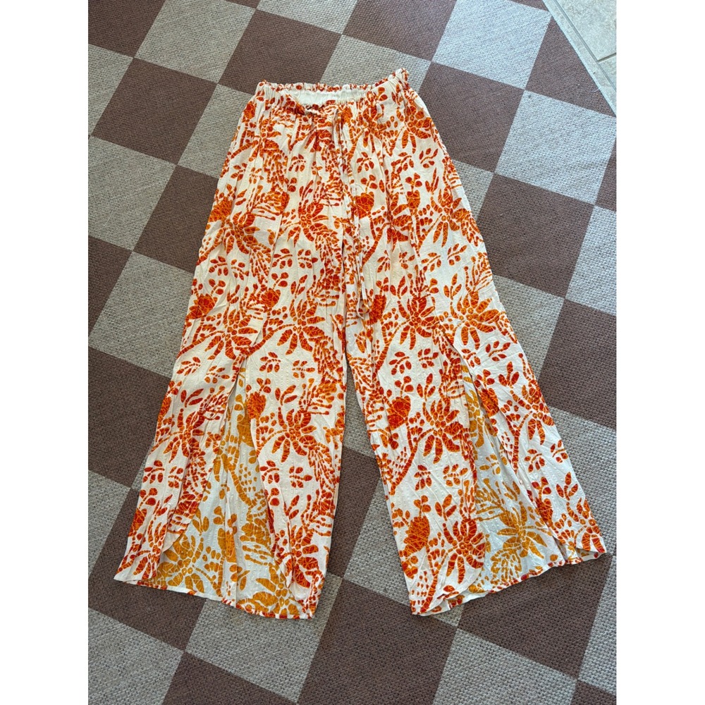 En Creme Orange Tropical Print Split Leg Wide Leg Boho Pants Large EN71617VR
